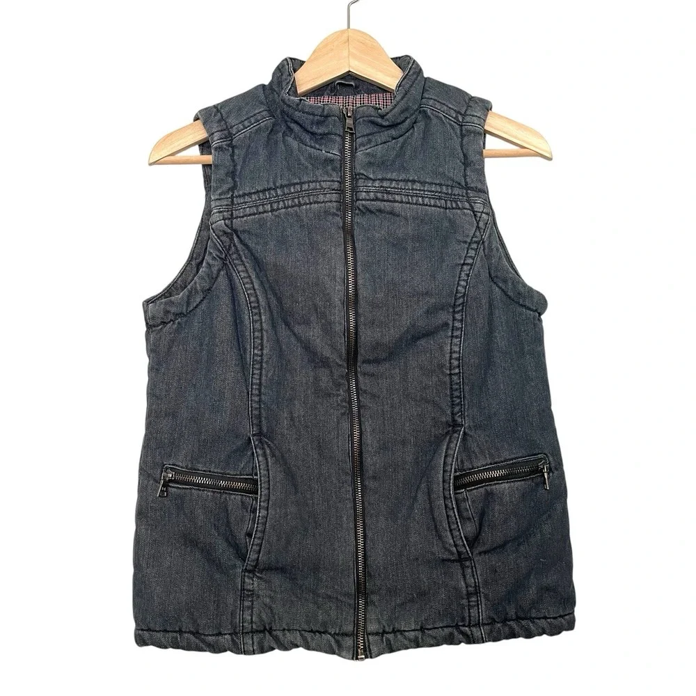 Liz Claiborne Denim Vest Womens S Grey Dark Wash Zip Up Plaid Lined Pockets